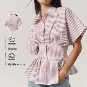 Europa y América cintura <span class=keywords><strong>camisa</strong></span> Casual <span class=keywords><strong>Joker</strong></span> rayas tejido verano Vintage moda botón frontal decoración patrón sólido <span class=keywords><strong>Joker</strong></span> <span class=keywords><strong>camisa</strong></span> - Product Image 3