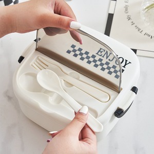Cream-Colored Three-Compartment Bento Box With Fork Spoon 20.5x18x8.6cm For Office Lunch - Product Image 3