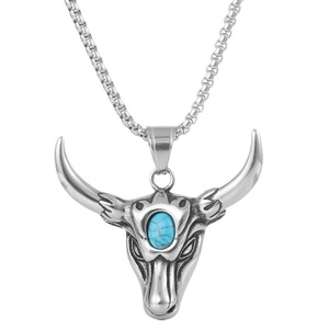 Yunnique – pendentif tête de taureau en acier titane avec incrustation de turquoise pour hommes, collier rétro Punk, chaîne de 60cm - Product Image 5