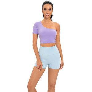 Tenues d'exercice Top court à une épaule et short de vélo taille haute Ensembles de yoga 2 pièces pour femmes - Product Image 5
