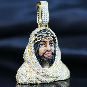 Wholesale zircon crystal diamond enamel pendant golden charm jesus portrait pendant
