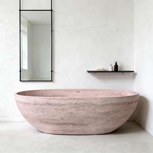 Bañera Elegante de Mármol Cultivado Natural Rosa Gris, Bañera de Piedra Travertino, Bañera Independiente de Superficie Sólida con Drenaje - Product Image 1