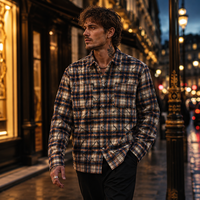 Veste à carreaux surdimensionnée de 300 g avec logo personnalisé et détails de couture géométriques, esthétique urbaine pour tenue de rue quotidienne