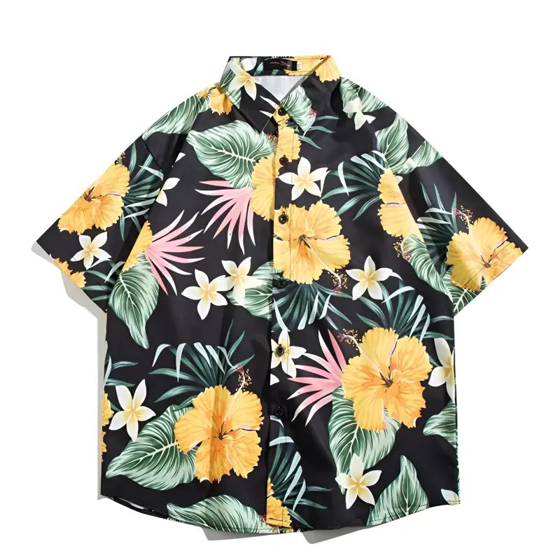 ฤดูร้อนวันหยุดฮาวายออกแบบเองเสื้อพิมพ์Patchwork Top Beachปุ่มเสื้อลําลองแขนสั้น