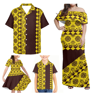 Conjunto Familiar <span class=keywords><strong>de</strong></span> Cuatro Piezas con Estampado <span class=keywords><strong>de</strong></span> Totem Polinesio, Vestido Largo para Mujer, Camisas Casuales para <span class=keywords><strong>Padre</strong></span> e <span class=keywords><strong>Hijo</strong></span>, Vestido para Niña, Tallas Grandes, Personalizado, Venta Caliente - Product Image 3