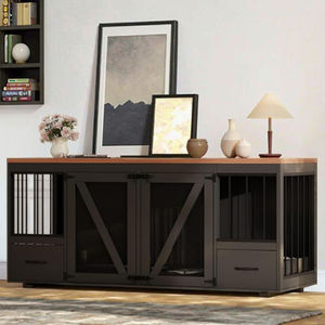 Besleyici çanaklar ile Modern oturma odası ahşap köpek sandık çıkarılabilir bölücü ile 2 köpekler için kapalı köpek kulübesi mobilya - Product Image 3