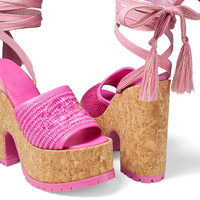 2024 personnalisé concepteur femmes été sandales à talons semelle épaisse bois plate-forme bride à la cheville dentelle Sexy plage semelle compensée PU matériel