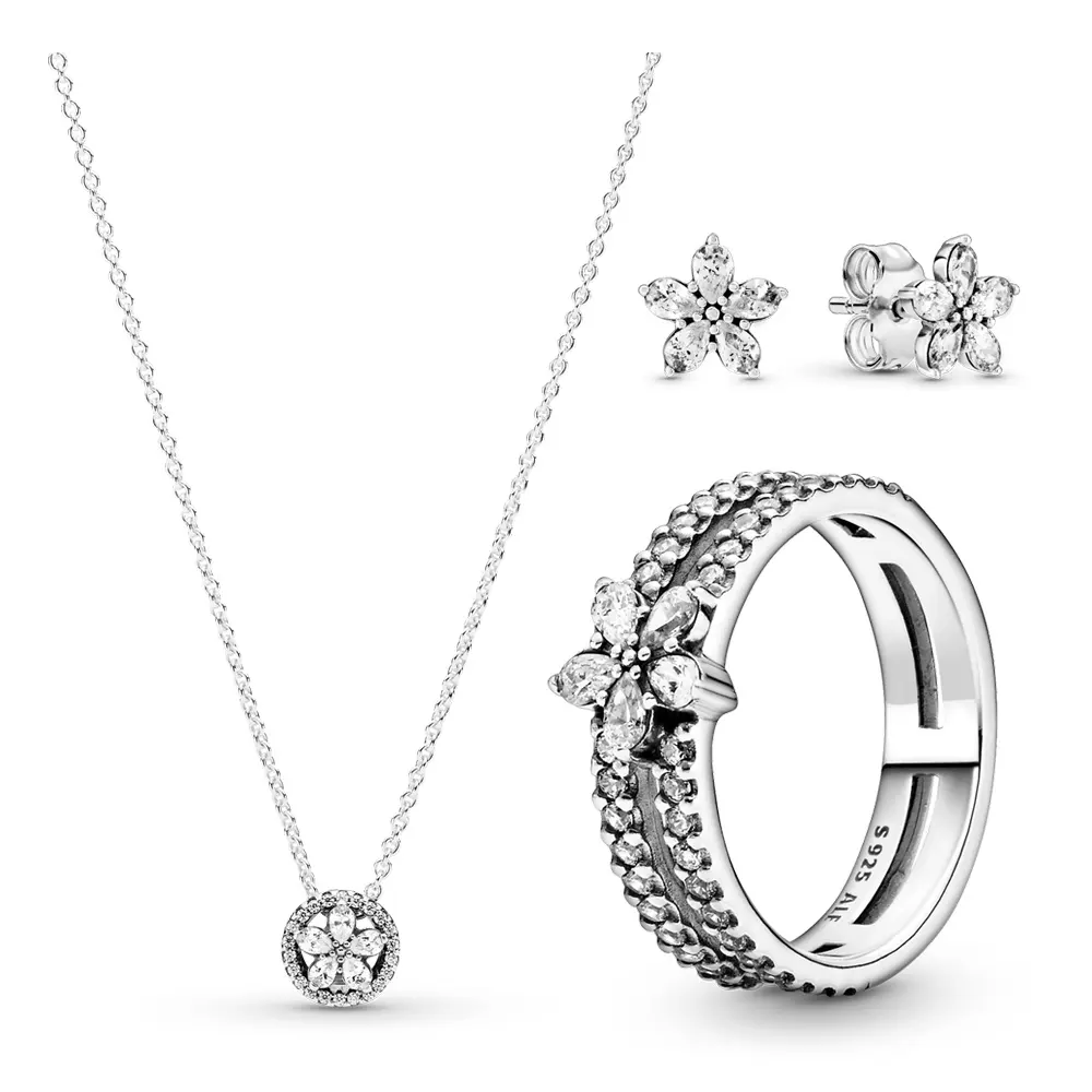 Fiocco di neve Collier ring 925 Sterling Silver Pave Stone Crystal Flower collana con ciondolo per set di gioielli da donna