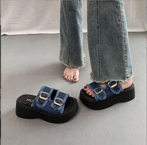 Nuevas zapatillas francesas informales con punta abierta para <span class=keywords><strong>mujer</strong></span>, zapatillas de lona vaquera de suela gruesa de doble <span class=keywords><strong>fila</strong></span>, zapatillas deslizantes para exteriores de verano - Product Image 4