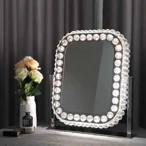 2024 New Trendy Desktop Beauty Square Shape Frame Glass Mirrored Diamond Crystal Makeup Mirror With Led