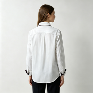 Blusa a rayas con botones para mujer, camisa con mangas en contraste, corte entallado, informal, para oficina, ropa de primavera - Product Image 3