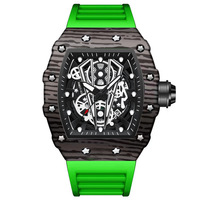 Jam Tangan Pria Mewah BINBOND 8577 Bentuk Tonneau Skeleton Quartz Tahan Air Baja Kulit Dial Persegi Panjang Tali Silikon