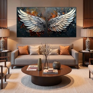 Pintura al Óleo Suave y Neutra con Símbolos, Arte de Pared con Alas de Ángel Texturizadas, Estilo Abstracto, Arte en Lienzo, Pintura Acrílica - Product Image 1