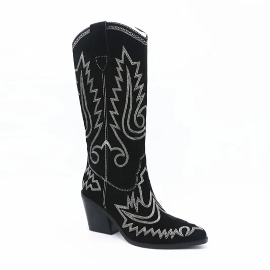 Custom Good Quality Women Modern Leather Knee High Suede Low Heel Western Cowboy Boots