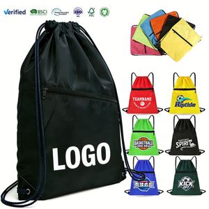 Hot Selling Polyester <b>Drawstring</b> <b>Bag</b> With Front Zipper Pocket Foldable Reusable Backpack for Sport Hiking Gym Daily Use Adults - Product Image 1