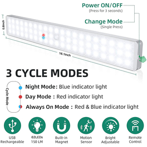 <b>Wireless</b> Motion Sensor LED Night <b>Light</b> USB Rechargeable Dimmable Super Bright LED Strip Lamp Magnetic Stick-on Design for Stairs - Product Image 2