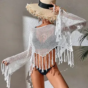 Keluaran Baru Atasan Bulu Pantai Berongga Kupu-kupu Crochet Rumbai Crop Tops De Crochet untuk Wanita