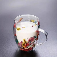 Gelas Kopi Kaca Dinding Ganda Motif Bunga, Cangkir Kaca Transparan Kreatif dengan Gagang, Gelas Kaca Ganda Motif Bunga