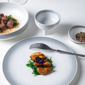 Shengjing 2022, популярный дизайн, белая и серая круглая керамическая посуда для дома, фарфоровая тарелка для ресторана и отеля