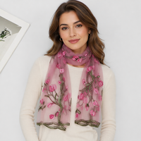 Hijab châle brodé de fleurs de tulipes, 180 cm de long, bordure en dentelle festonnée, protection solaire, multi-usages, écharpe de voyage pour femmes musulmanes