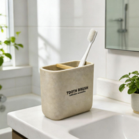 Porte-brosse à dents rectangulaire beige en résine imitation sable, avec séparateur en bambou et double compartiment, organiseur de salle de bain pour dentifrice