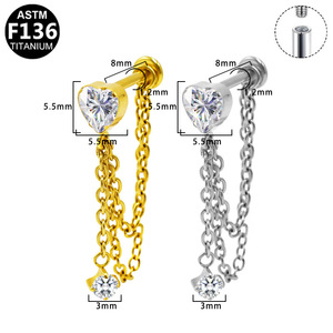 Boucles d'oreilles chaîne en forme de cœur en alliage de titane G23, sertissage à griffes, pour soirée, bijoux de piercing unisexe tendance - Product Image 3
