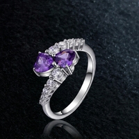 Bague de Fiançailles et de Mariage QX Personnalisée OEM en Argent Sterling 925 avec Double Cœur en Zircon Cubique Violet 8A pour Femme