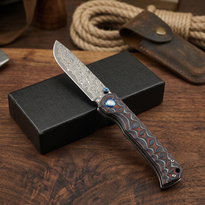 Cuchillo Plegable DIY OEM de Fábrica al por Mayor, Modelo 67, Hoja Damasco Drop Point, Mango G10 Bicolor, 1 Año de Garantía, para Camping y Actividades al Aire Libre - Product Image 3