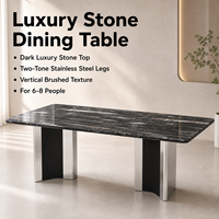 Table à manger rectangulaire moderne en marbre foncé avec pieds en acier inoxydable brossé bicolore, mobilier d'hôtel