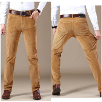 Celana Panjang Pria Kasual Elegan Bergaris Model Lurus OEM Service, Celana Kerja Trendy Klasik Kancing Resleting Bahan Corduroy