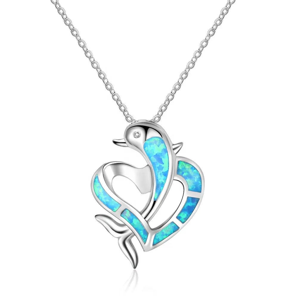 Travel Gifts Marine Series Jewelry Made In Japan Opel Inlaid Sterling Silver Heart With Dolphin Necklace