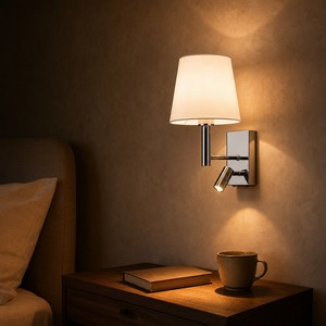 Applique <span class=keywords><strong>murale</strong></span> LED moderne à double lumière chromée, abat-jour en tissu, <span class=keywords><strong>lampe</strong></span> de lecture flexible à LED, idéale pour chambre d'hôtel et chevet de lit, personnalisable en usine - Product Image 2