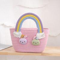 Sac de rangement multifonctionnel moderne en coton tressé écologique avec motif lapin de dessin animé et arc-en-ciel, idéal pour le salon, souvenir de mariage printanier pour fille