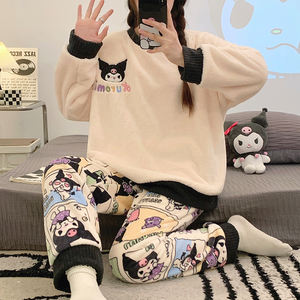 Conjuntos de ropa de dormir 2025 Otoño Invierno pijamas de franela mujer lindo estudiante de dibujos animados <span class=keywords><strong>pijama</strong></span> de cuello redondo <span class=keywords><strong>traje</strong></span> de lana Coral - Product Image 3