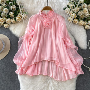 Damen Schimmernde Transparente Bluse mit 3D-Blumen, Rüschenkragen, Langen Ärmeln, High-Low-Tunikatop, Elegantes Fairycore Herbsthemd 2026 - Product Image 2