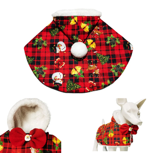 Cape de Noël à carreaux pour animaux de compagnie avec capuche, chapeau, nœud, flocon de neige, doublure polaire chaude et ensemble de chaussettes antidérapantes pour chats et petits chiens - Product Image 3