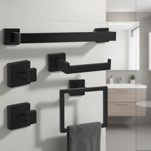 Ensemble d'accessoires de salle de bain en fer noir mat, emballé en boîte, porte-serviettes mural, fabrication prestigieuse - Product Image 1