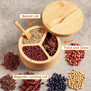 Bamboo Spice <b>Jar</b> With Lid And Spoon Round Wooden Seasoning <b>Storage</b> Box <b>For</b> <b>Kitchen</b> Use - Product Image 2