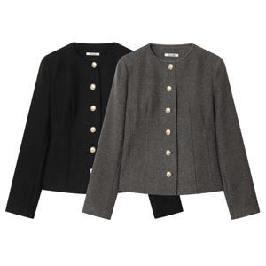 Chaqueta Corta de Lana para Mujer, Cuello Redondo, Manga Larga, Botones al Frente, Elegante, Color Sólido, Abrigo de Otoño - Product Image 1