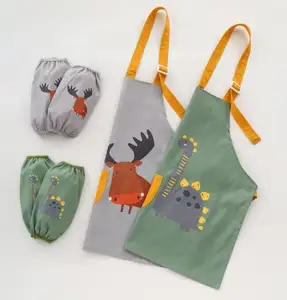 MU Children's Cute Cartoon Baby Waterproof Anti-dirty Eating Cooking Kids Chef Apron Kids Art Painting Apron with sleeve set