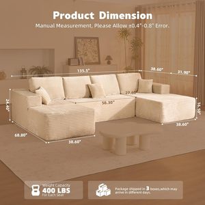 Divano Sezionale Modulare Rettangolare Moderno Cloud da 134 Pollici con Chaise Longue Profonda in Velluto a Coste Beige, Nessun Montaggio Richiesto, per Soggiorno - Product Image 6