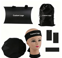 Kit Cadeau Promotionnel Personnalisé pour Salon : Bonnet en Satin, Cape de Coiffure, Bandeau et Pochette à Cordon pour Soins Capillaires
