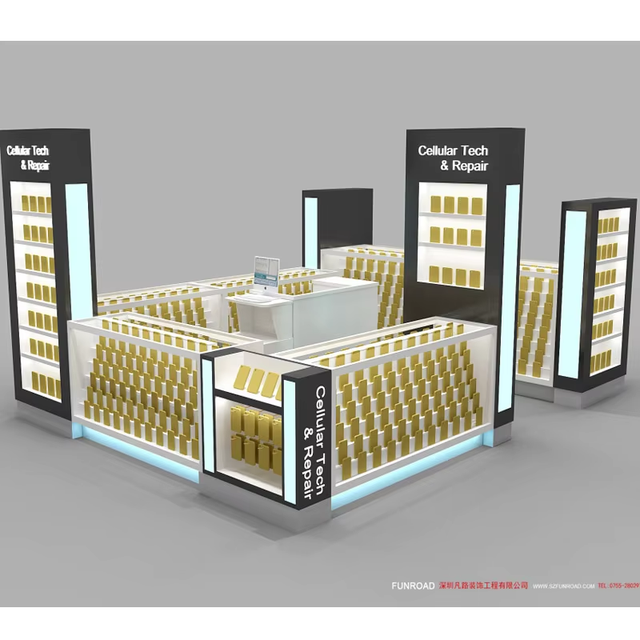 Custom Modern Mobile Phone Case Display Showcase Mall Kiosk Attractive Accessories LED E1 Plywood Customizable Finish Cellphone