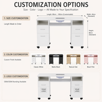 Table de manucure professionnelle au design contemporain en contreplaqué, poste de travail de salon avec bac de collecte de poussière, double tiroirs et roulettes