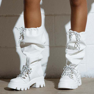 Women Low Chunky Heels Knee High Boots Thick Sole Round Toe Long Booties Front <b>Lace</b> up Top Wide <b>Elastic</b> Cut Causal Shoes - Product Image 1