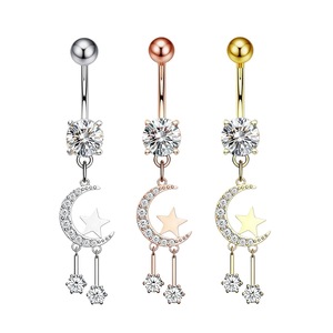 Anneau <span class=keywords><strong>de</strong></span> nombril à pendentif étoile <span class=keywords><strong>de</strong></span> lune tendance avec diamant CZ - Argent/or rose/or Bijoux <span class=keywords><strong>de</strong></span> corps pour femmes Piercing au nombril - Product Image 1