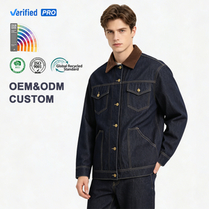 BSCI GRS Certified OEM Custom <strong>Men's</strong> High-Quality Raw Denim <strong>Jacket</strong> with Corduroy Collar Workwear <strong>Trucker</strong> Style for <strong>Men</strong> - Product Image 1