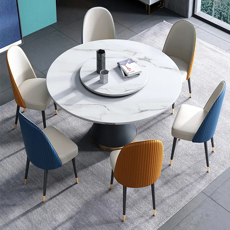 Sıcak Modern mermer paslanmaz çelik yuvarlak yemek masası 6 sandalyeler yemek masası s ve sandalye seti