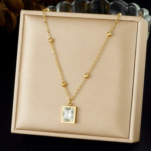 Geometric Square Pendant Gold Plated Stainless Steel Chain Necklace Green Stone Bezel Setting Daily Wear Gift Jewelry - Product Image 2