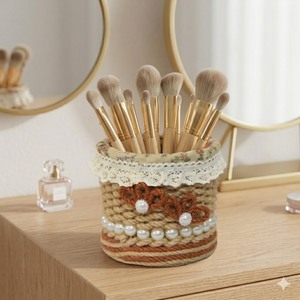 Porte-stylo en corde de chanvre tressée à la main, panier de rangement rond pour bureau avec perles et dentelle, pour le bureau ou l'école - Product Image 3